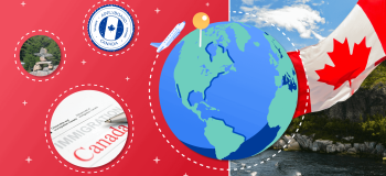An illustration of planet Earth with Canada marked by a pin, surrounded by images of Canadian immigration paperwork, an ApplyBoard passport stamp, a Canadian inuksuk, and a Canadian flag in front of a beautiful outdoor photo.