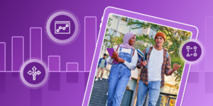 Two international students in 90s style Western clothing (flannel shirts and denim overalls) walk through a sunny campus in late spring. They are framed by illustrated charts and graphs.