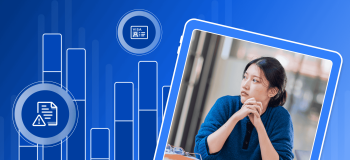 A young woman looks pensively off to her right. She is framed by a blue illustrated background with a bar chart and different icons in white.