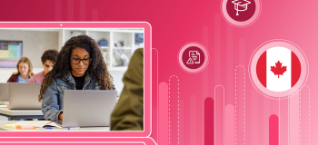 In an illustration of a laptop screen, a photo of an international student sitting looking at their own laptop, all on top of a red banner that features an illustration of a generic column chart and a Canada flag