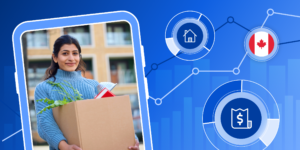 An international student holds a moving box full of stuff, on a blue background with illustrations of a Canada flag, a receipt, and some data lines
