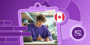 International student writing on a piece of paper, along with illustrations of a Canada flag, a clipboard, and two graphs