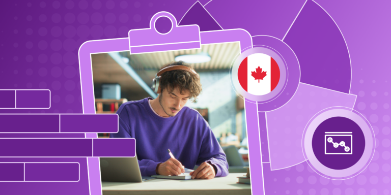 International student writing on a piece of paper, along with illustrations of a Canada flag, a clipboard, and two graphs