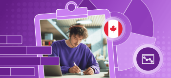 International student writing on a piece of paper, along with illustrations of a Canada flag, a clipboard, and two graphs