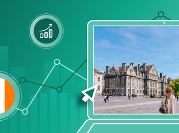 A student stands on the Trinity College Dublin campus in Ireland, framed by a green illustrated background featuring the Irish flag and bar charts.