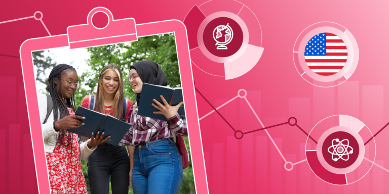 Banner showing three students and American flag