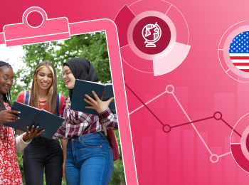 Banner showing three students and American flag