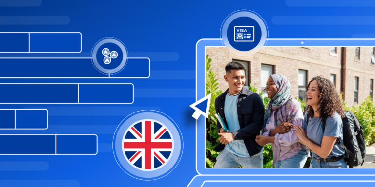 Banner for article showing UK flag and three students