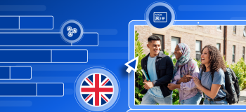 Banner for article showing UK flag and three students