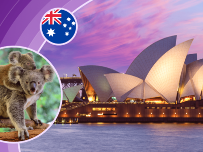 Symbols of Australia: koala bears in a forest, the Sydney Opera House at sunset (a large building structured with walls that look like dramatic white sails) and the Australian flag