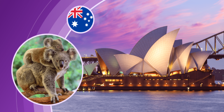 Symbols of Australia: koala bears in a forest, the Sydney Opera House at sunset (a large building structured with walls that look like dramatic white sails) and the Australian flag