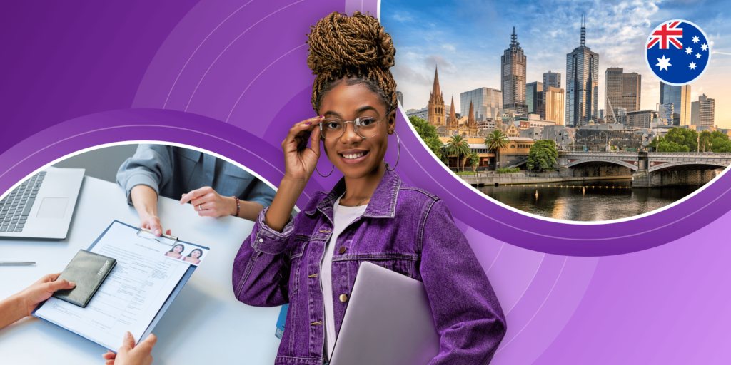 An international student in a purple hoodie holds a laptop and adjusts her glasses; behind her is a purple banner with two round photos of Sydney and someone handing over a passport and documents