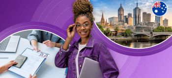 An international student in a purple hoodie holds a laptop and adjusts her glasses; behind her is a purple banner with two round photos of Sydney and someone handing over a passport and documents