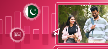 Two international students walk together on a campus pathway. Their image is framed by a red illustrated background and a Pakistani flag (a white crescent moon and a white star on a dark green field).