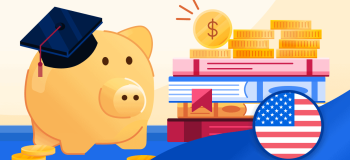 A golden piggybank sits next to a stack of books with coins on top.