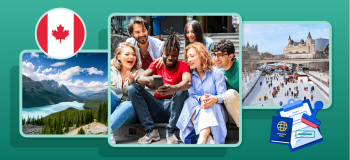 A Canadian flag, a daytime view of the Rocky Mountains with a moraine lake, an international group of students, and one of Canada's frozen canals with lots of people skating on it in wintertime.