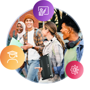 A group of international students walk together on campus in the fall.