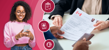International students holding a phone next to another person being handed a Canadian visa application form