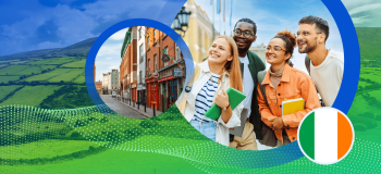 A photo of three international students who can work while studying in Ireland, shown in front of a photo of Ireland's rolling green hills.