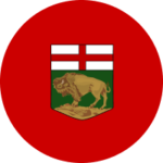The Manitoba flag (partial) - a bison on a green field under a red cross on a white field, united in a crest on a red background.