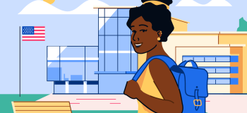 An illustration of a student with a backpack outside of an academic institution with an American flag.