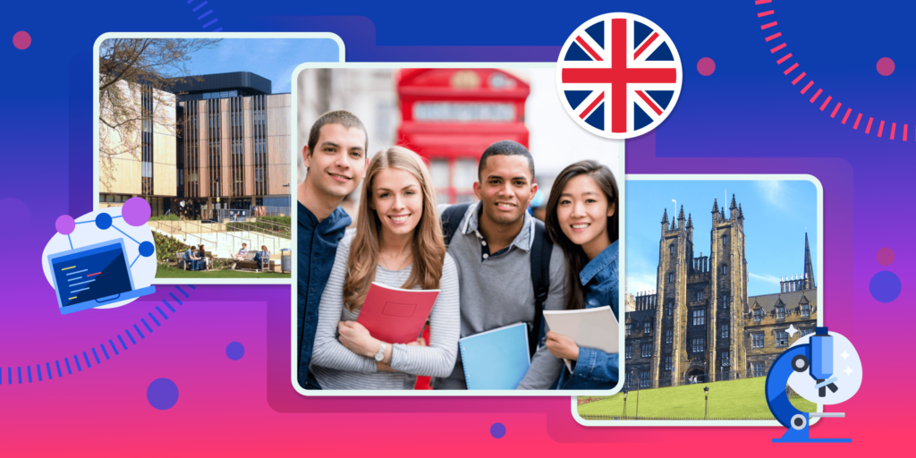 Photos of international students and famous UK academic landmarks, representing top-ranked UK universities for study abroad.