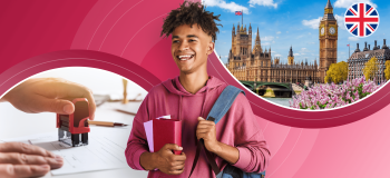 International student with a backpack holding books smiling in front of pictures of UK Parliament and someone stamping a visa form