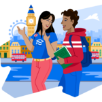 Two students talk as they walk past some of London's attractions (the London Eye, a blue Ferris wheel, and the yellow brick tower of Big Ben.)